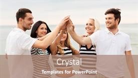  Presentation with happy holidays - Colorful slide deck enhanced with friendship summer holidays and people concept - group of happy friends in striped clothes making high five on beach backdrop and a coral colored foreground
