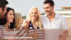  Presentation with alcoholic - Slide deck consisting of friendship summer holidays and people concept - group of happy friends in striped clothes drinking non alcoholic beer on beach background and a coral colored foreground