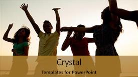  Presentation with summer party - Colorful PPT layouts enhanced with friendship summer vacation holidays party and people concept - group of smiling friends dancing on beach backdrop and a gold colored foreground