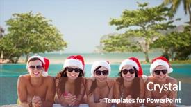  Presentation with travel friends - Slide deck featuring friendship summer vacation holidays travel and people concept - group of friends in santa helper hats on beach background and a tawny brown colored foreground