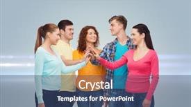  Presentation with laser light - Cool new slide set with friendship teamwork gesture and people concept - group of smiling teenagers making high five over gray background with laser light backdrop and a ocean colored foreground