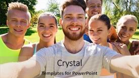  Presentation with group fitness - Beautiful slides featuring friendship technology and healthy lifestyle backdrop and a coral colored foreground