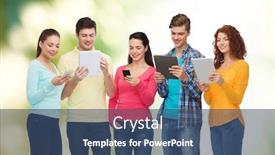  Presentation with green technology - PPT theme featuring friendship technology and people concept - group of smiling teenagers with smartphones and tablet pc computers over green background background and a ocean colored foreground
