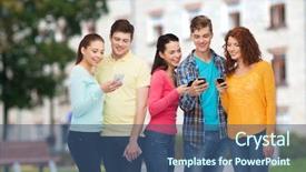  Presentation with friendship school - Amazing theme having friendship technology education school and people concept - group of smiling teenagers with smartphones over campus background backdrop and a ocean colored foreground