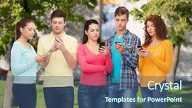  Presentation with friendship school - Beautiful PPT theme featuring friendship technology education school and people concept - group of serious teenagers with smartphones over campus background backdrop and a ocean colored foreground