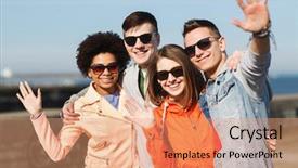  Presentation with travel friends - Audience pleasing presentation design consisting of students travelling - friendship tourism travel and people backdrop and a coral colored foreground
