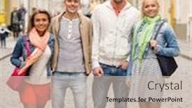  Presentation with travel friends - Theme enhanced with friendship travel and vacation concept - group of smiling friends walking in the city background and a soft green colored foreground