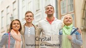  Presentation with travel friends - Amazing PPT layouts having friendship travel and vacation concept - group of smiling friends walking in the city backdrop and a coral colored foreground