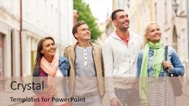  Presentation with travel friends - Beautiful PPT theme featuring friendship travel and vacation concept - group of smiling friends walking in the city backdrop and a coral colored foreground