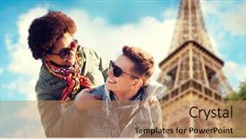  Presentation with eiffel tower - Cool new slides with friendship travel tourism and people concept - happy international teenage couple in shades having fun over paris eiffel tower background backdrop and a coral colored foreground