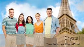  Presentation with travel friends - Theme having friendship travel tourism and summer holidays concept - group of happy smiling friends hugging over eiffel tower background background and a coral colored foreground