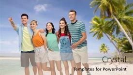  Presentation with polynesia - Theme featuring friendship travel tourism and summer holidays concept - group of happy smiling friends in sunglasses hugging and pointing finger to something over tropical beach background in french polynesia background and a lemonade colored foreground