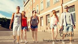  Presentation with city people walking - Audience pleasing PPT theme consisting of friendship travel tourism summer vacation and people concept - group of smiling teenagers walking in the city backdrop and a coral colored foreground