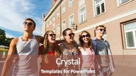  Presentation with city people walking - Amazing slides having friendship travel tourism summer vacation and people concept - group of smiling teenagers walking in city backdrop and a tawny brown colored foreground