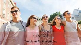  Presentation with city people walking - PPT layouts having friendship travel tourism summer vacation and people concept - group of smiling teenagers walking in city background and a red colored foreground