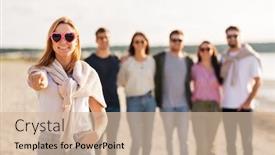  Presentation with friendship day - PPT layouts enhanced with friendship valentine's day and people concept - happy woman in heart-shaped sunglasses with group of friends on beach in summer pointing to you background and a soft green colored foreground