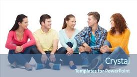  Presentation with youth group - Colorful presentation theme enhanced with friendship youth and people - group of smiling teenagers backdrop and a ocean colored foreground