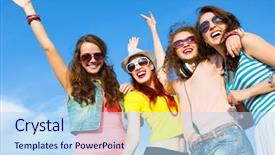  Presentation with close up of young girls - Colorful slide set enhanced with friendsship day - image of four young attractive backdrop and a light blue colored foreground