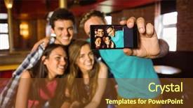  Presentation with friends - Colorful slides enhanced with friendsship day - portrait of happy friends taking backdrop and a tawny brown colored foreground