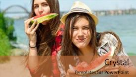  Presentation with girl running on the beach clouds - Presentation theme featuring frienship - happy girls eating watermelon background and a red colored foreground