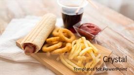  Presentation with unhealthy drink - Colorful presentation design enhanced with fries cola drink and ketchup backdrop and a yellow colored foreground