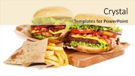  Presentation with hamburger - Presentation design featuring fries on wooden background background and a  colored foreground