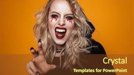  Presentation with rainbow over orad - PPT theme featuring frightened - funny blonde woman witch background and a tawny brown colored foreground