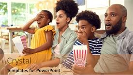 Presentation with horror movie - Presentation design with frightened-family-eating-popcorn and a gold colored foreground