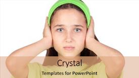  Presentation with ear - Colorful PPT layouts enhanced with frightened girl with ears plugged backdrop and a coral colored foreground