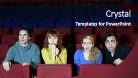  Presentation with look - Colorful PPT layouts enhanced with frightened man - four young friends look backdrop and a navy blue colored foreground