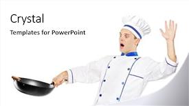  Presentation with chef war - Amazing presentation theme having frightened man - surprised chef holding a wok backdrop and a  colored foreground