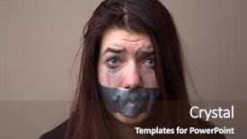  Presentation with tape - Cool new PPT theme with frightened woman hostage with tape backdrop and a wine colored foreground