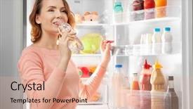  Presentation with cold water - Slide set consisting of frigorifique - beautiful woman drinking cold water background and a lemonade colored foreground