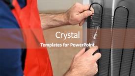  Presentation with refrigerator - Theme consisting of frigorifique - male technician repairing refrigerator closeup background and a  colored foreground