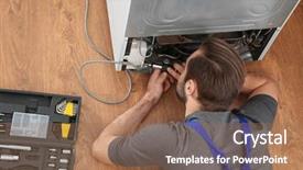  Presentation with refrigerator - Beautiful presentation featuring frigorifique - male technician repairing refrigerator indoors backdrop and a coral colored foreground
