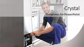  Presentation with refrigerator - Presentation theme having frigorifique - male technician repairing refrigerator indoors background and a  colored foreground