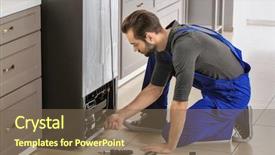  Presentation with refrigerator - Audience pleasing presentation theme consisting of frigorifique - male technician repairing refrigerator indoors backdrop and a violet colored foreground