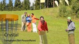  Presentation with springtime - Colorful PPT theme enhanced with couple throwing flying disc to chain basket at springtime park backdrop and a yellow colored foreground