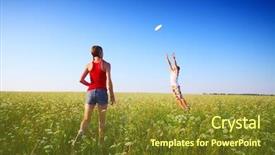  Presentation with clear - PPT layouts enhanced with young couple playing with disc on a green meadow with grass on clear blue sky background focus on a woman background and a tawny brown colored foreground