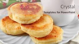  Presentation with currant - Slides enhanced with fritters of cottage cheese with red currant in plate on table closeup background and a soft green colored foreground