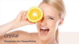  Presentation with orange - PPT theme featuring friuts - blond woman with beautiful smile background and a coral colored foreground
