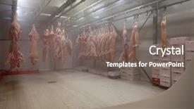  Presentation with hooks and balls of yarn - Theme featuring froid - sides of pork hanging background and a gray colored foreground