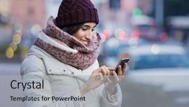  Presentation with mobile phone in woman hand - Slide deck with froid - young beautiful woman using her background and a light gray colored foreground
