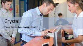  Presentation with pharmaceutical dosage forms slid share - Beautiful slide deck featuring front desk clerk - filling up forms backdrop and a light blue colored foreground