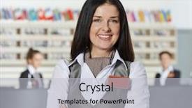  Presentation with happy anniversay work - PPT theme with front desk clerk - happy female manager worker standing background and a light gray colored foreground