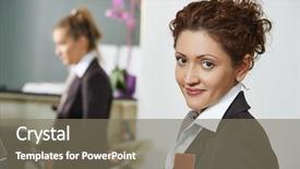 Presentation with happy anniversay work - Amazing slide deck having front desk clerk - happy female manager worker standing backdrop and a gray colored foreground