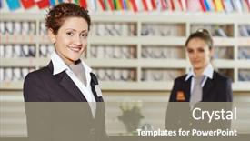  Presentation with receptionist - Slide set consisting of front desk clerk - happy female receptionist worker standing background and a gray colored foreground