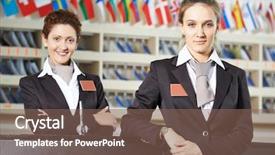  Presentation with receptionist - Beautiful PPT theme featuring front desk clerk - happy female receptionist worker standing backdrop and a violet colored foreground