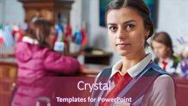  Presentation with receptionist - PPT layouts enhanced with front desk clerk - happy young female hotel receptionist background and a violet colored foreground