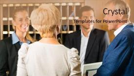  Presentation with hotel - PPT theme featuring front desk clerk - reception - guests check background and a coral colored foreground